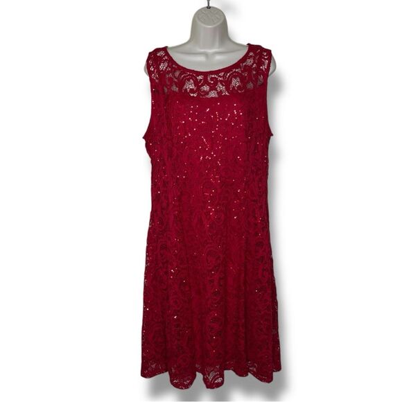 NWT Liz Claiborne Red Lace Sequin Fit and Flare Dress Sleeveless Lined Women 16 - Picture 1 of 14
